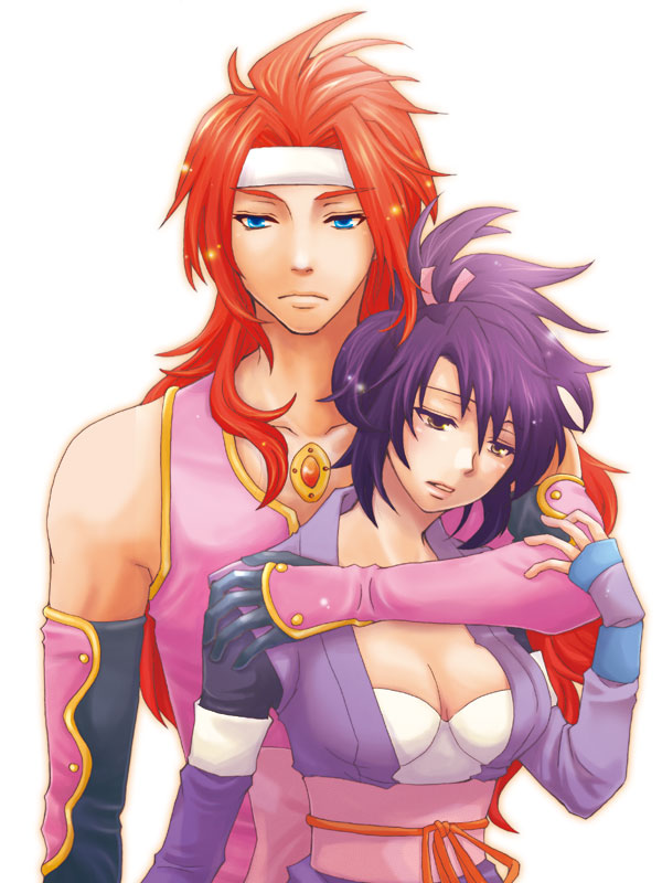 1boy, 1girl, blue_eyes, brown_eyes, chiyako_(happy_brand), couple, frown, gloves, headband, hetero, hug, hug_from_behind, long_hair, ponytail, purple_hair, redhead, serious, sheena_fujibayashi, short_hair, tales_of_(series), tales_of_symphonia, white_background, zelos_wilder