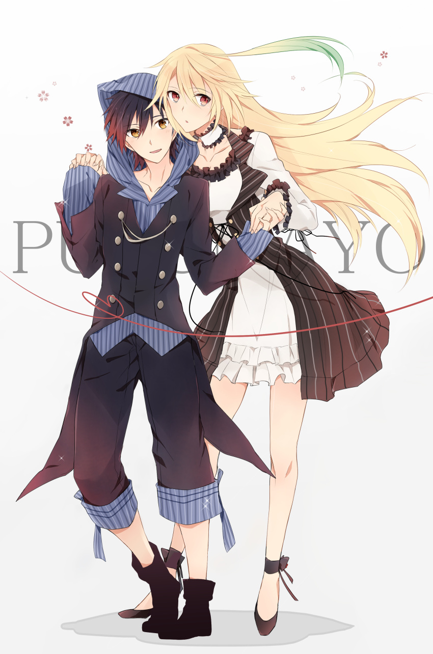 1boy, 1girl, absurdres, ahoge, alternate_costume, black_hair, blonde_hair, brown_eyes