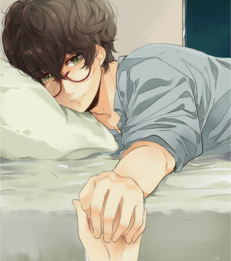 1boy, bed, black_hair, blush, glasses, green_eyes, holding_hands, lmoon, original, pajamas, pillow, pov, red-framed_glasses, short_hair, smile, wavy_hair
