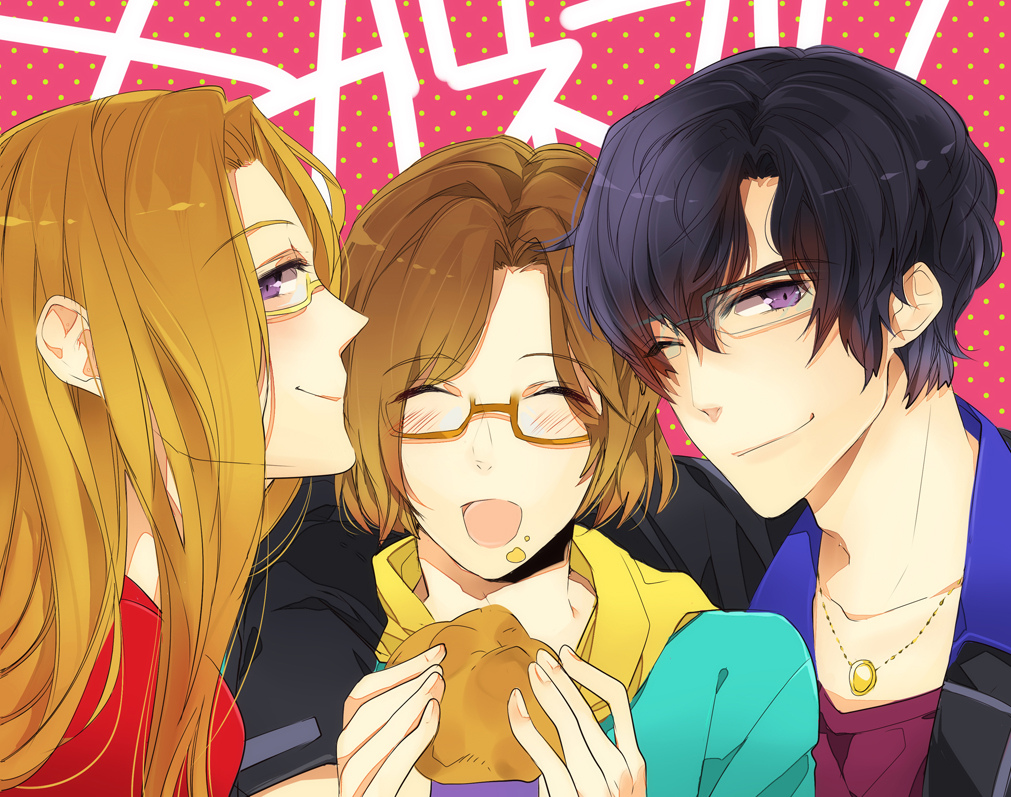 3boys, arm_around_shoulder, black-framed_glasses, black_hair, blonde_hair, blush, brothers, brown-framed_glasses