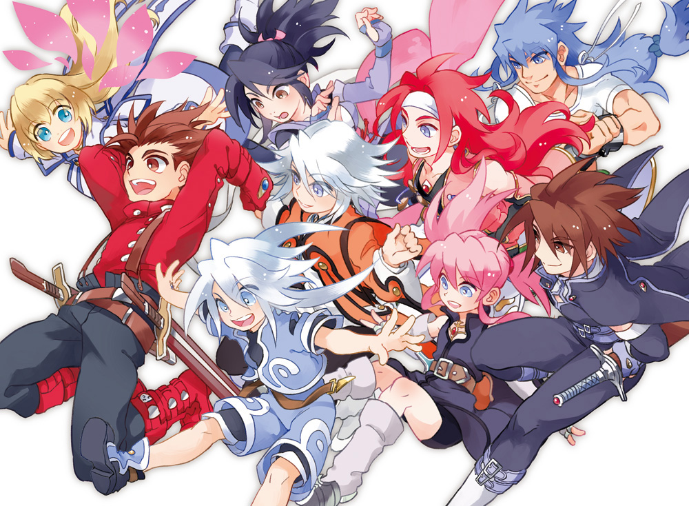 4boys, 4girls, :d, black_hair, blonde_hair, blue_eyes, blue_hair, boots