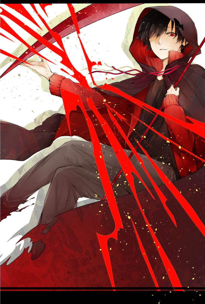 1boy, black_hair, cloak, hair_over_one_eye, highres, holding, hood, jersey