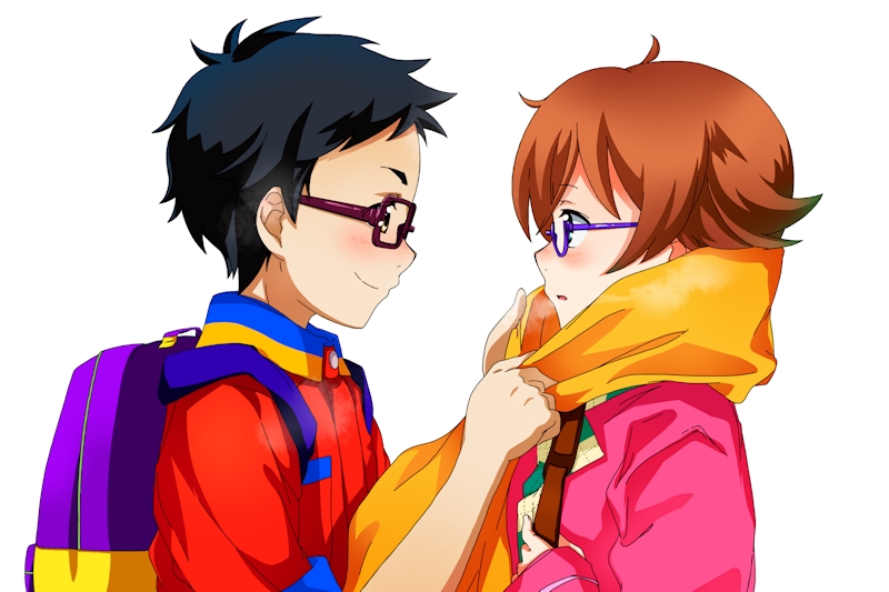 2boys, backpack, bag, black_(pixiv), black_hair, blue_eyes, blush, brown_hair, glasses, hayato_kimata, kamatani_mitsuki, male, glassesbu!, multiple_boys, open_mouth, scarf, smile, yellow_eyes