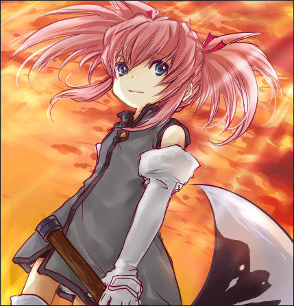 1girl, axe, blue_eyes, koron_(tkhsrui), lowres, orange_background, payot, pink_hair