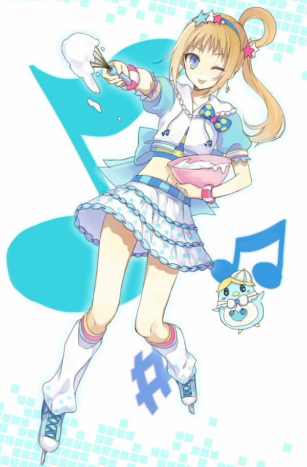 1girl, ;p, azusa_(sarie303030), bird, blonde_hair, blue_eyes, bowl, fukuhara_ann, long_hair, musical_note, penguin, poppun, pretty_rhythm, pretty_rhythm_rainbow_live, side_ponytail, tongue, wink