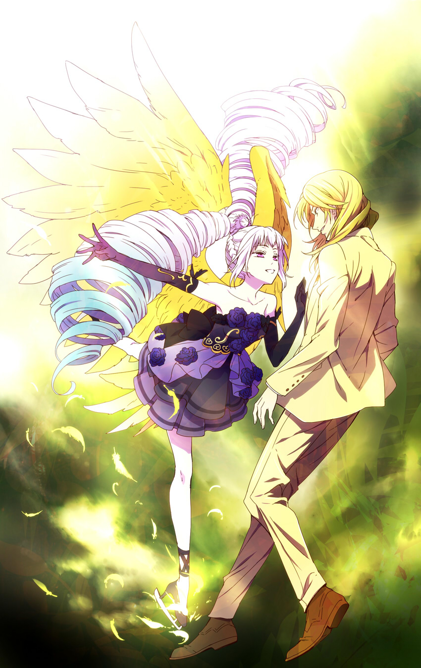 1boy, 1girl, amou_june, blonde_hair, braid, chikariya, curly_hair, dress