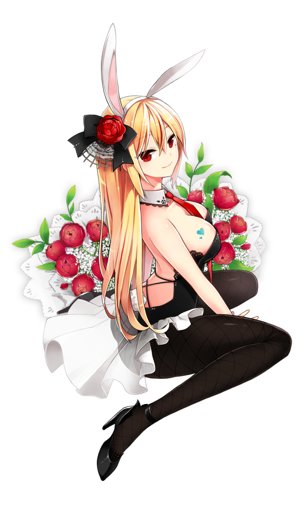 1girl, animal_ears, between_breasts, black_legwear, blonde_hair, bow, breasts, bunny_girl