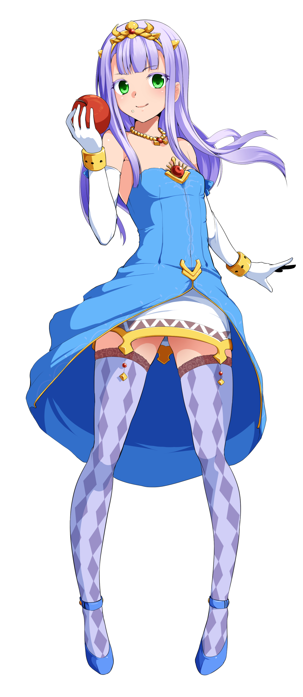 1girl, apple, argyle, argyle_legwear, bracelet, dress, elbow_gloves, flat_chest, food, food_on_face, fruit, gloves, green_eyes, highres, jewelry, long_hair, miki_purasu, necklace, outbreak_company, petrarca_ann_erudanto_iii, purple_hair, purple_legwear, solo, strapless_dress, thigh-highs, tiara, white_background, white_gloves