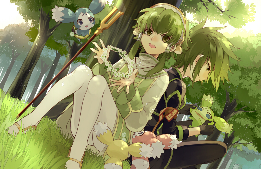 2boys, cheek_pull, creature, flower, forest, gloves, green, green_eyes, green_hair, hair_tubes, hairband, hoshi_ataru, ion, male, mieu, multiple_boys, nature, pantyhose, payot, sitting, smile, sync, tales_of_(series), tales_of_the_abyss, tree, white_legwear