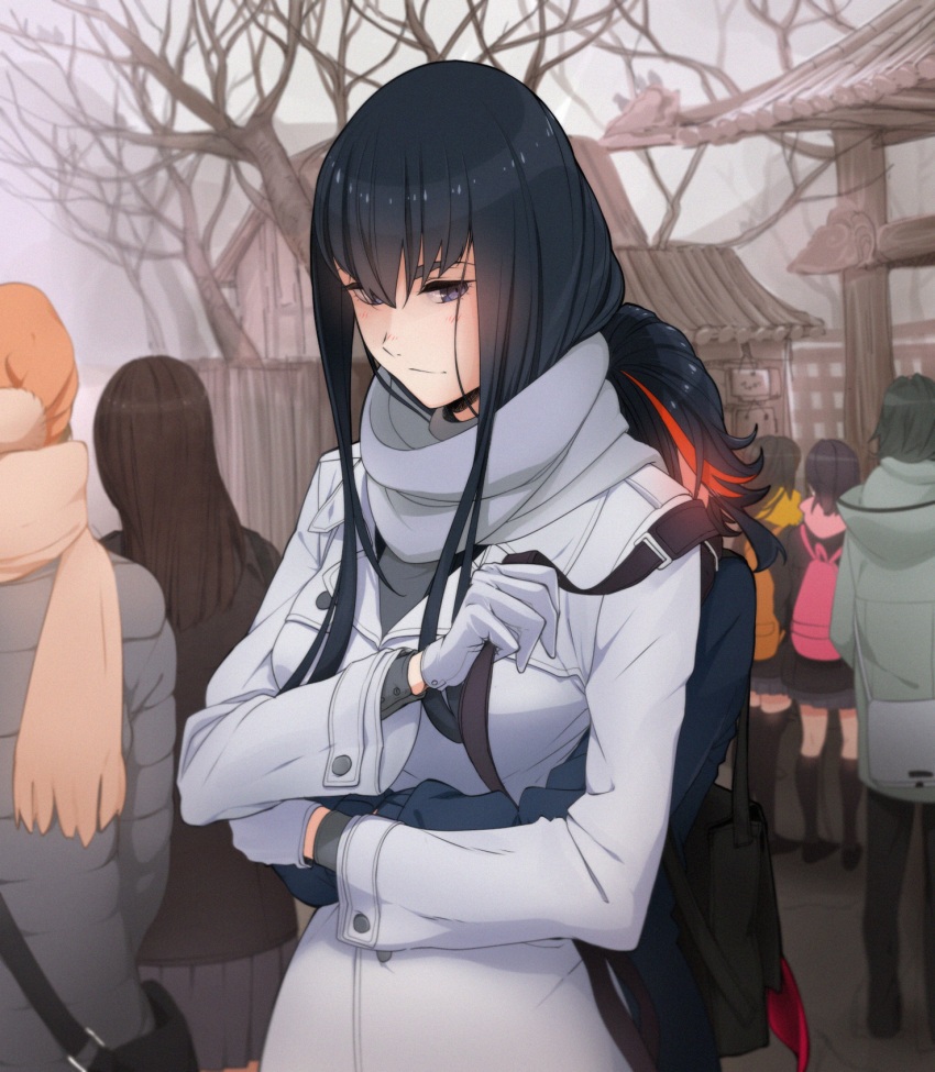 2girls, aconitea, bag, black_hair, blush, coat, gloves, height_difference