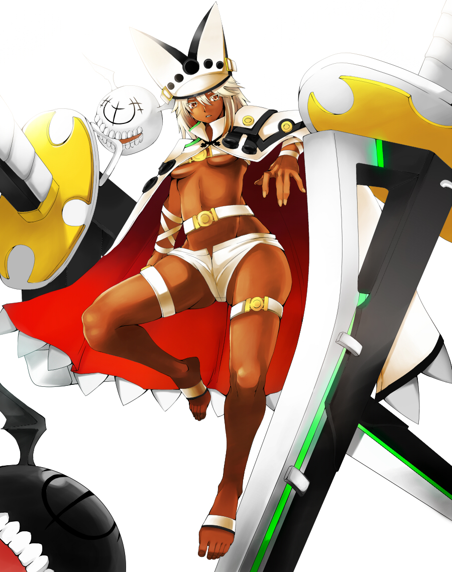 1girl, belt, beltbra, breasts, cape, creature, dark_skin, eiji_(eiji)