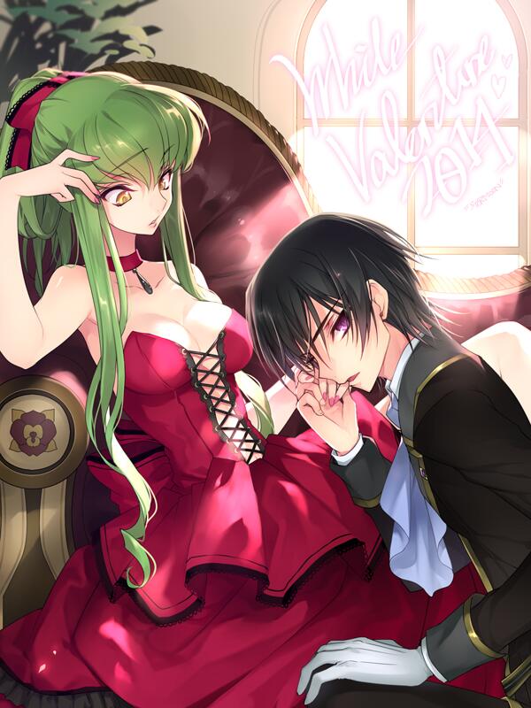 1boy, 1girl, bare_shoulders, black_hair, blush, breasts, c.c., cleavage
