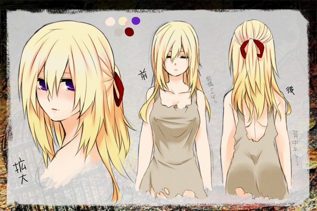 1girl, blonde_hair, character_sheet, closed_eyes, color_guide, hair_ribbon, long_hair, misutoretto_(reizoku_ichiba), reizoku_ichiba, ribbon, slave, suzuhiko, torn_clothes, violet_eyes