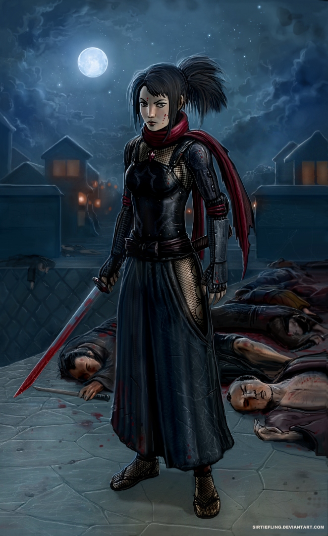 1girl, armor, black_hair, blood, blood_on_face, bloody_weapon, breastplate, breasts