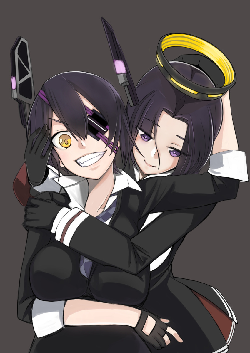 2girls, baicha, black_gloves, black_hair, breast_hold, eyepatch, fingerless_gloves, gloves