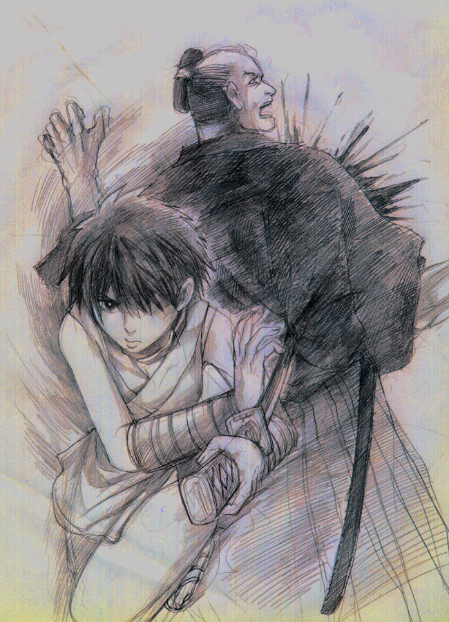 1boy, 1girl, bandages, blood, death, hair_over_one_eye, japanese_clothes, monochrome