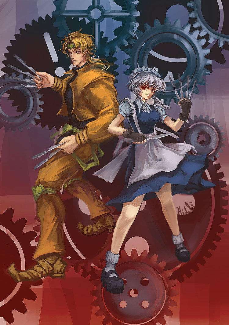 1girl, blonde_hair, braid, crossover, dio_brando, gears, hideki, izayoi_sakuya