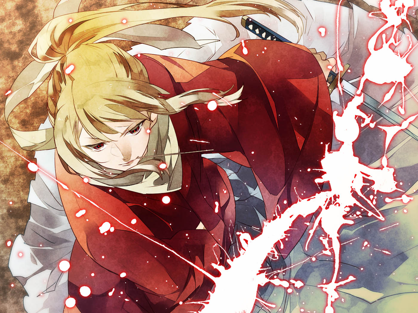 1boy, 846kazuya, blonde_hair, gintama, japanese_clothes, katana, mouth_hold, okita_sougo