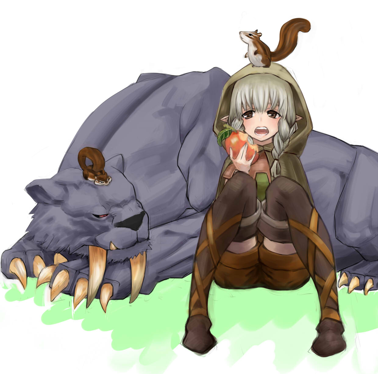 1girl, apple, boots, braid, brown_eyes, cloak, dragon's_crown, eating