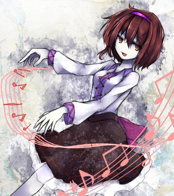 1girl, brown_hair, collared_shirt, hairband, musical_note, open_mouth, orange_eyes, outstretched_arms