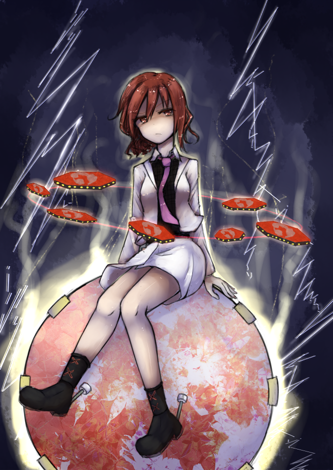 1girl, boots, brown_eyes, brown_hair, drum, drum_set, foot_pedal, horikawa_raiko, instrument, jacket, lightning, mitsudomoe_(shape), necktie, plaid, plaid_shirt, shirt, short_hair, sitting_on_drum, skirt, solo, taiko_drum, tomoe_(symbol), touhou, yuxyon