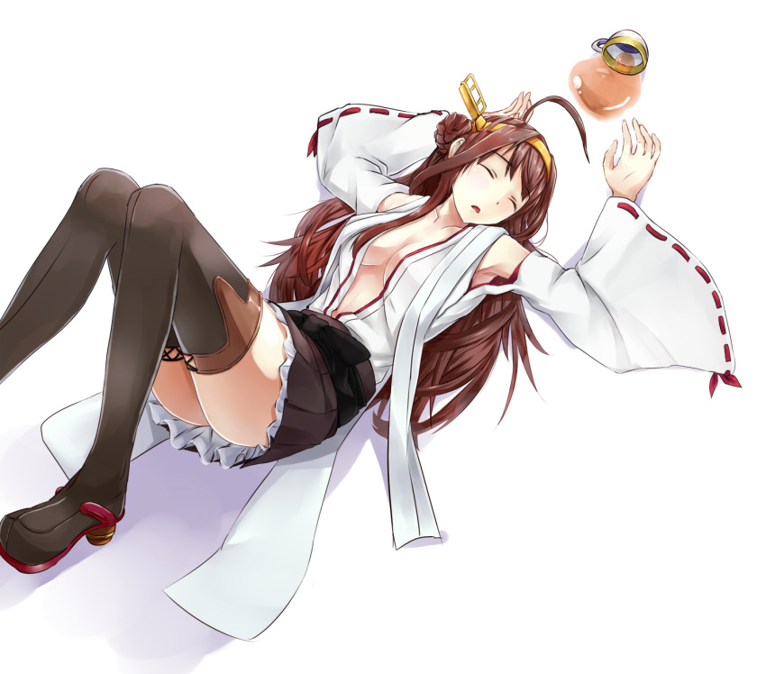 1girl, ahoge, black_legwear, blush, boots, breasts, brown_hair, cleavage