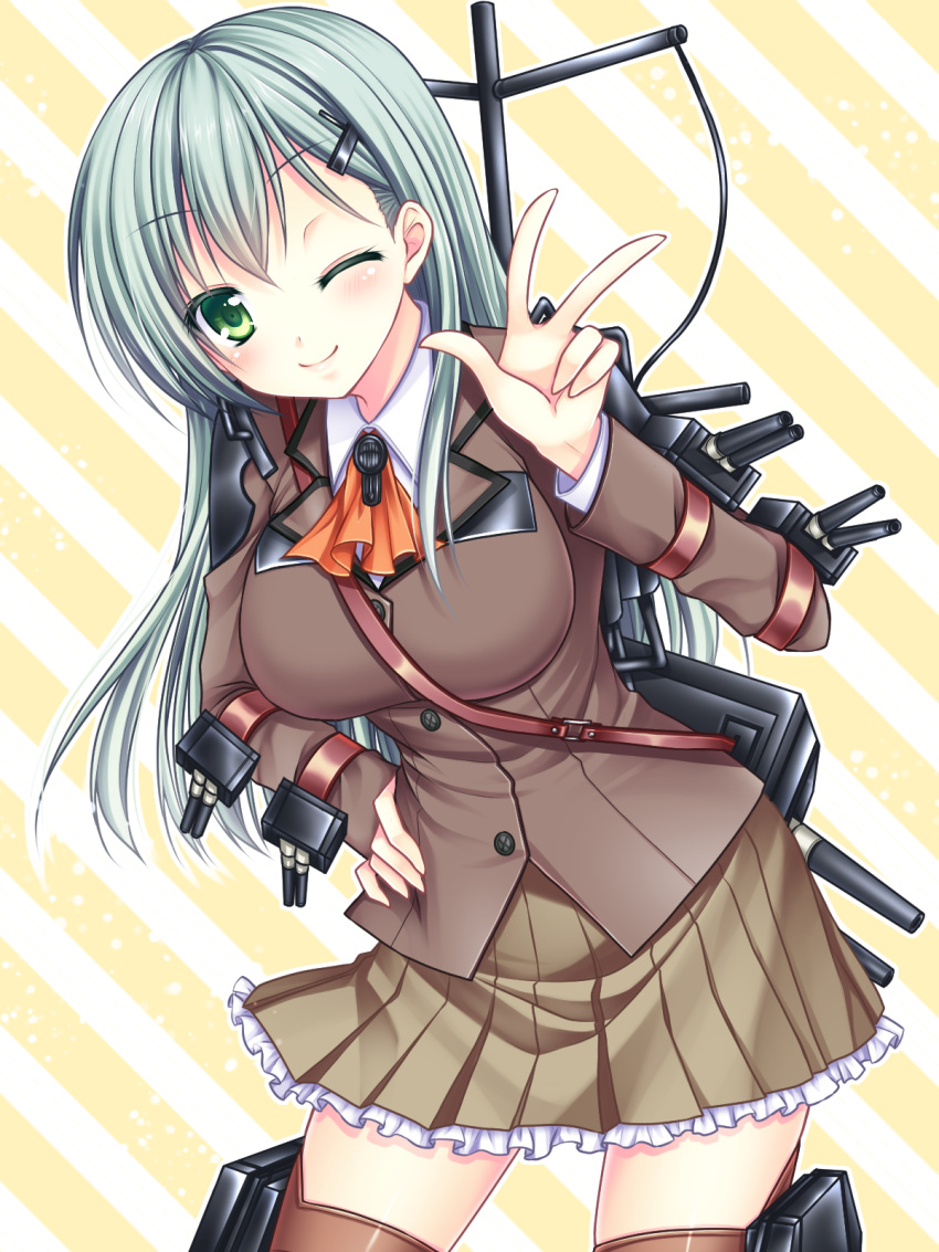 1girl, asazuki_kanai, breasts, green_eyes, green_hair, hair_ornament, hairclip, highres