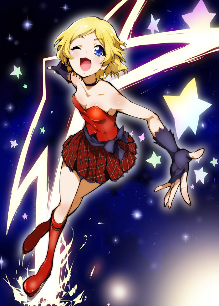 1girl, bare_shoulders, blonde_hair, blue_eyes, fingerless_gloves, gloves, mittwoch, open_mouth
