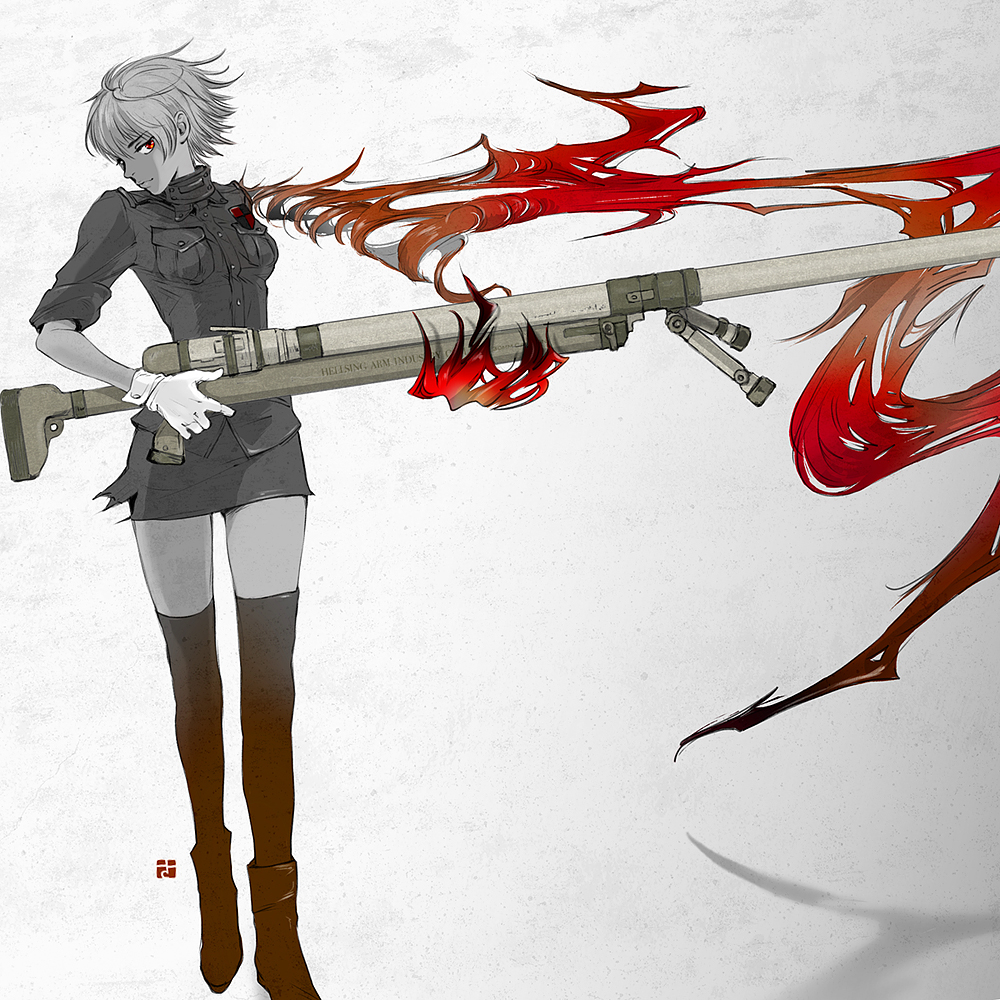1girl, anti-materiel_rifle, gloves, gun, hellsing, red_eyes, rifle, sapon, seras_victoria, short_hair, sniper_rifle, solo, spot_color, standing, thigh-highs, uniform, weapon, white_gloves