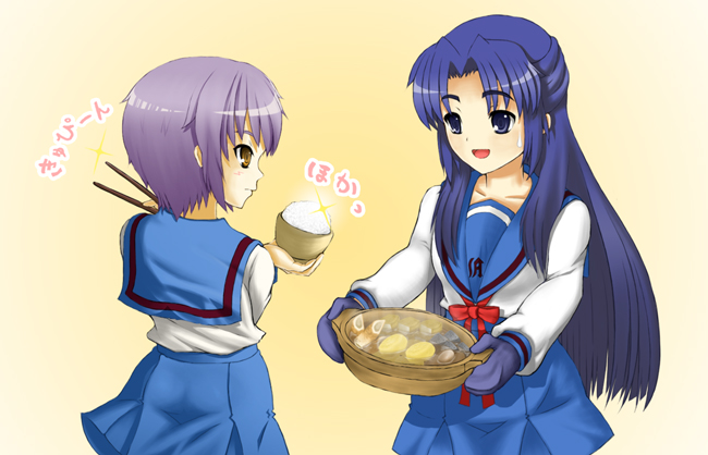 blue_eyes, blue_hair, long_hair, nagato_yuki, noukatu, oden, rice, school_uniform