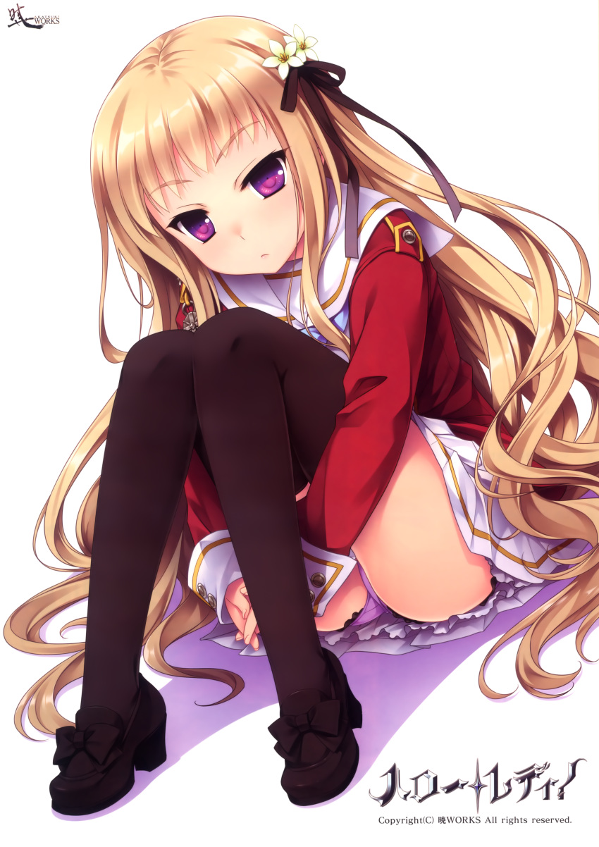 1girl, absurdres, black_legwear, brown_hair, flower, hair_flower, hair_ornament, hair_ribbon, hello_lady, highres, knees_on_chest, long_hair, panties, pantyshot, purple_panties, ribbon, saeki_hokuto, school_uniform, sitting, takazaki_eru, thigh-highs, underwear, very_long_hair, violet_eyes