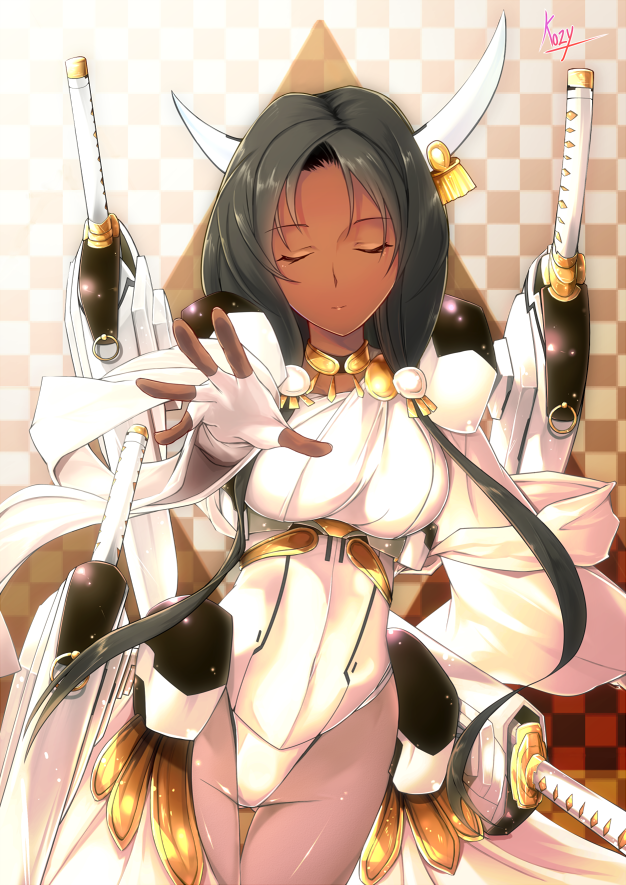 1girl, black_hair, bodysuit, breasts, closed_eyes, dark_skin, fingerless_gloves, gloves