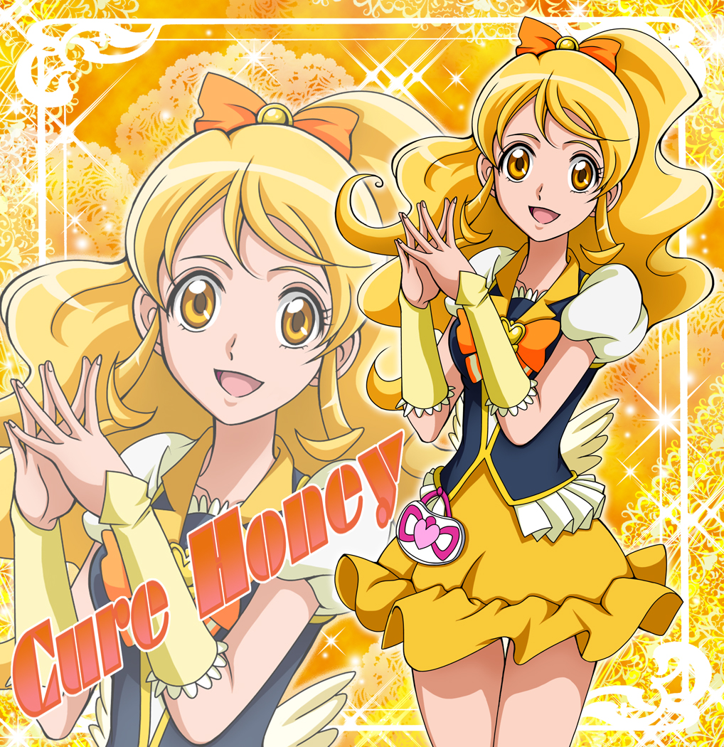 1girl, blonde_hair, bow, bowtie, character_name, cure_honey, hair_bow, hands_together