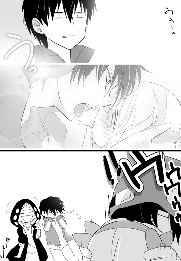 1girl, 3boys, comic, french_kiss, hoodie, hug, jacket, kagerou_project