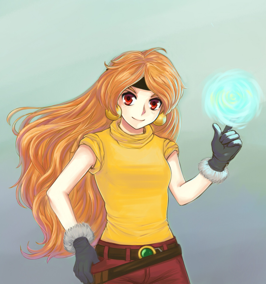 1girl, black_gloves, earrings, gloves, headband, highres, jewelry, lemna, lina_inverse, long_hair, magic, orb, redhead, slayers, sleeves_rolled_up, solo, turtleneck
