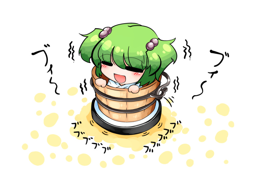 1girl, b-q, bucket, closed_eyes, driving, green_hair, hair_bobbles, hair_ornament