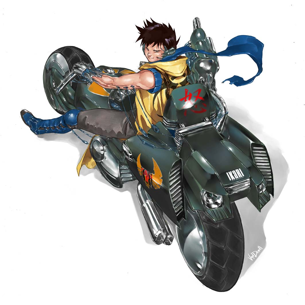 1boy, akira, armor, biohazard_symbol, boots, cable, cyberpunk, cyborg