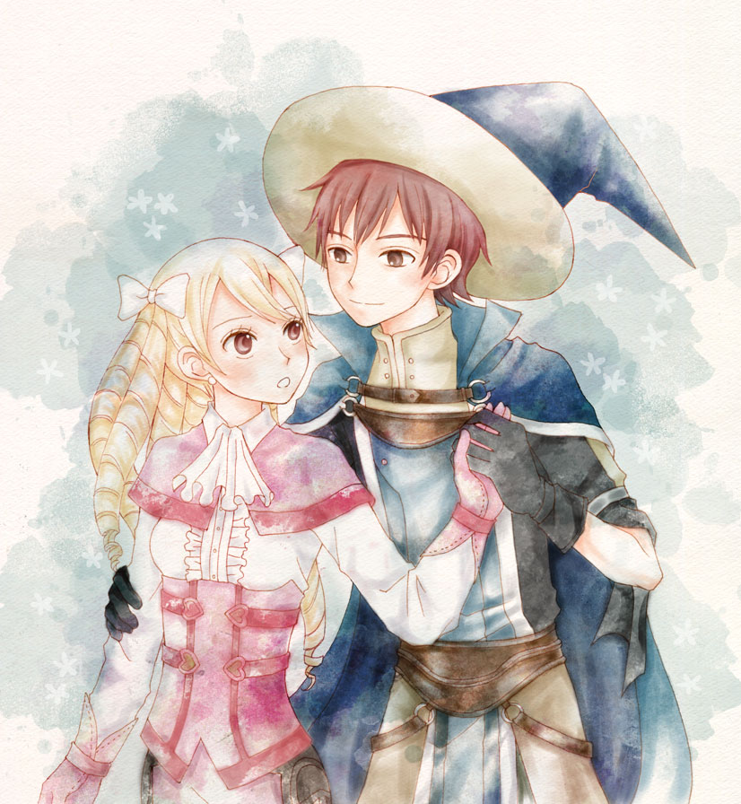 1boy, 1girl, blonde_hair, brown_eyes, brown_hair, cravat, drill_hair, earrings