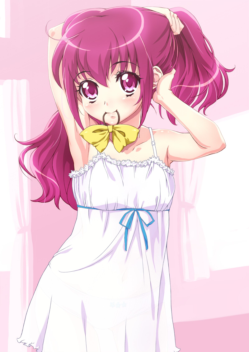 1girl, adjusting_hair, blush, chemise, hoshizora_miyuki, lingerie, long_hair, looking_at_viewer, mouth_hold, pink_eyes, pink_hair, precure, senzoc, smile, smile_precure!, solo, standing, underwear