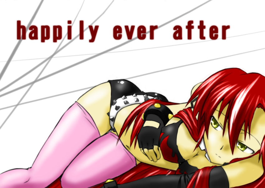 1girl, ass, belt, bikini_top, breasts, cleavage, enoki-kou, fingerless_gloves, flame_print, gloves, hair_down, long_hair, mismatched_gloves, pink_legwear, redhead, short_shorts, shorts, solo, tengen_toppa_gurren_lagann, thigh-highs, yellow_eyes, yoko_littner