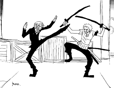 angry, fight, gif, kick, monochrome, one_piece, roronoa_zoro, sanji