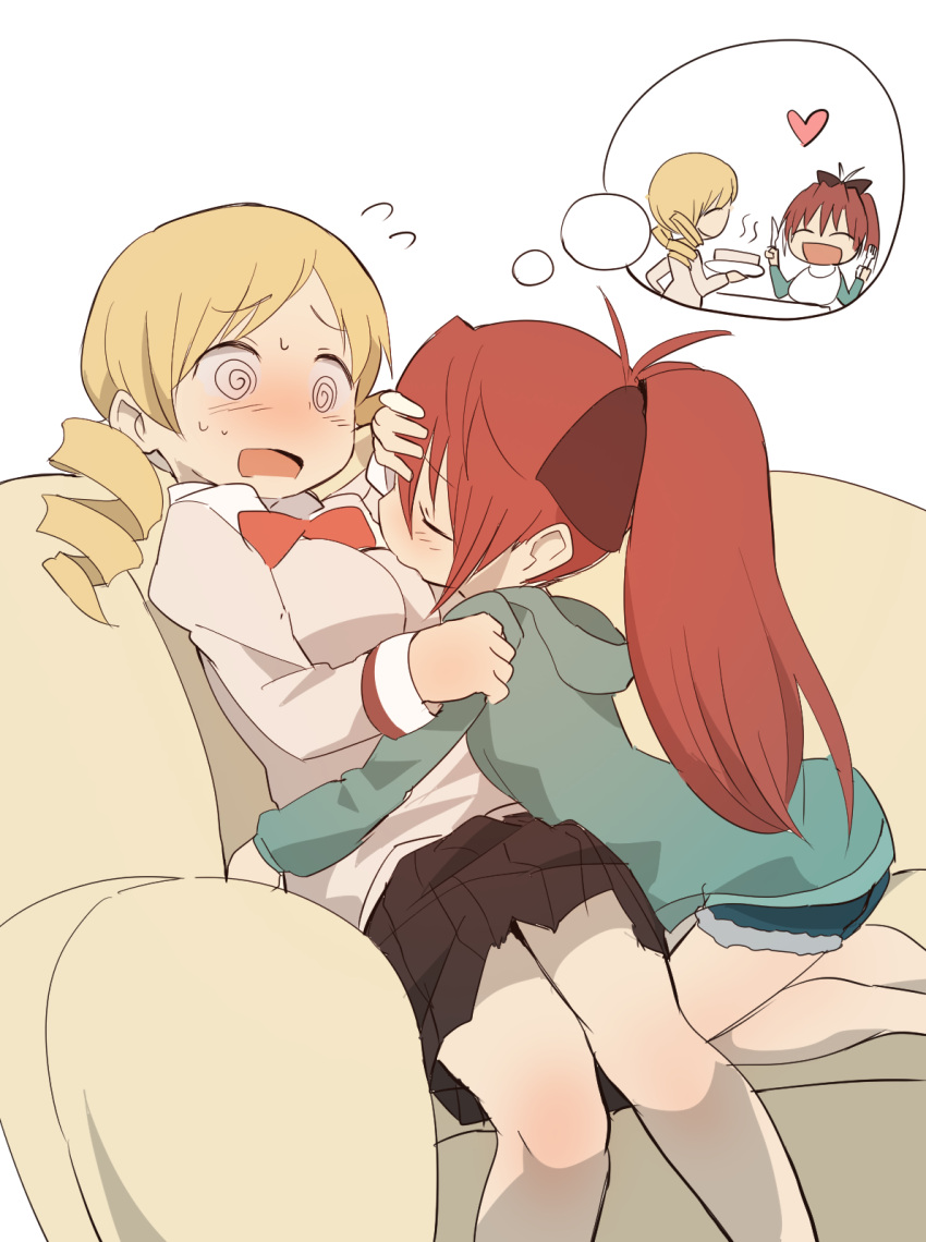 2girls, @_@, bib, blonde_hair, blush, breast_sucking_through_clothes, breasts, couch, drill_hair, food, fork, hair_ribbon, highres, huge_breasts, knife, long_hair, mahou_shoujo_madoka_magica, multiple_girls, open_mouth, ponytail, red_eyes, ribbon, sakura_kyouko, samidare, school_uniform, short_hair, sitting, skirt, smile, tomoe_mami, twin_drills, yuri