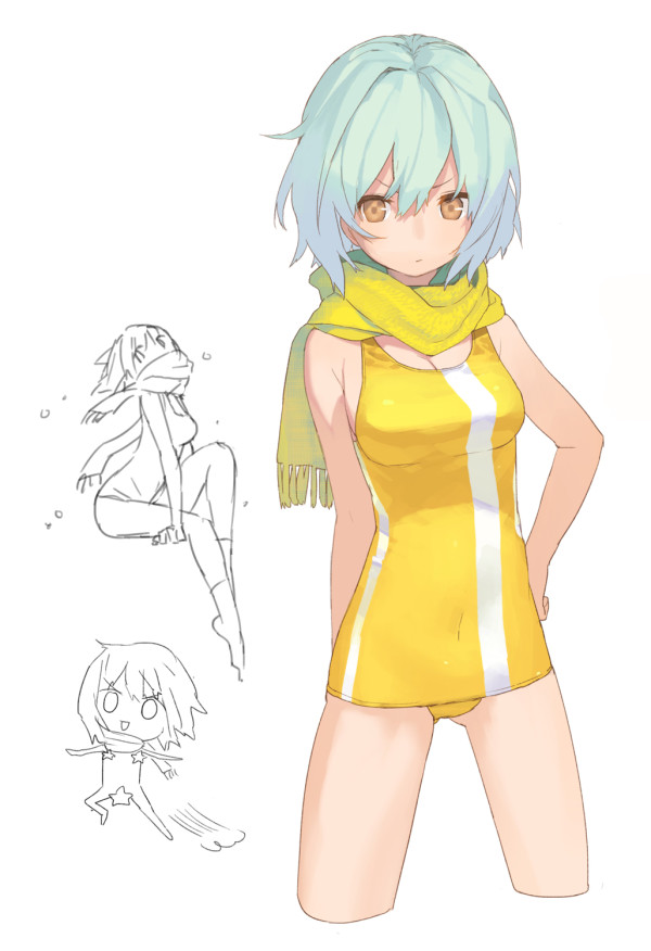 1girl, blue_hair, breasts, brown_eyes, cleavage, hand_on_hip, looking_at_viewer, one-piece_swimsuit