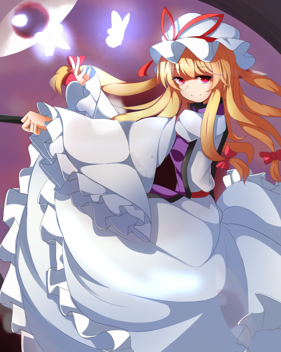 1girl, blonde_hair, bow, butterfly, dress, eyes, fan, folding_fan