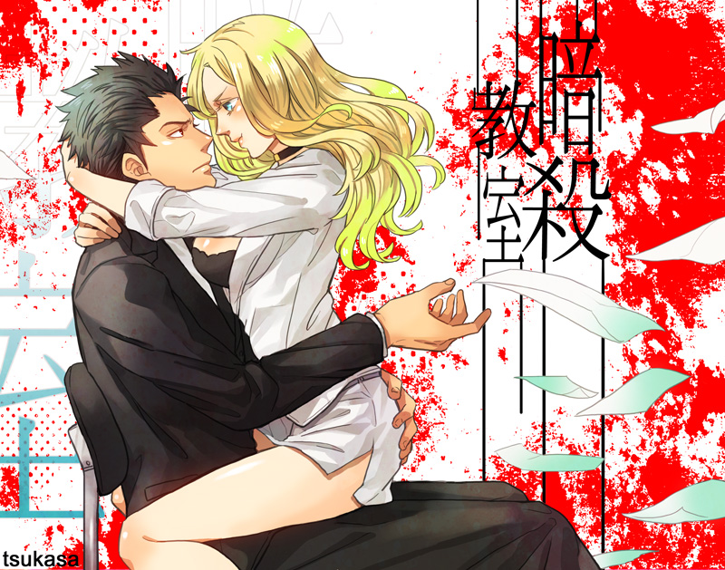 1boy, 1girl, ansatsu_kyoushitsu, aqua_eyes, arms_around_neck, black_hair, blonde_hair, eye_contact, formal, hand_on_ass, irina_jelavic, jinnai_tsukasa, karasuma_tadaomi, long_hair, looking_at_another, neccktie, papers, short_hair, suit, translation_request