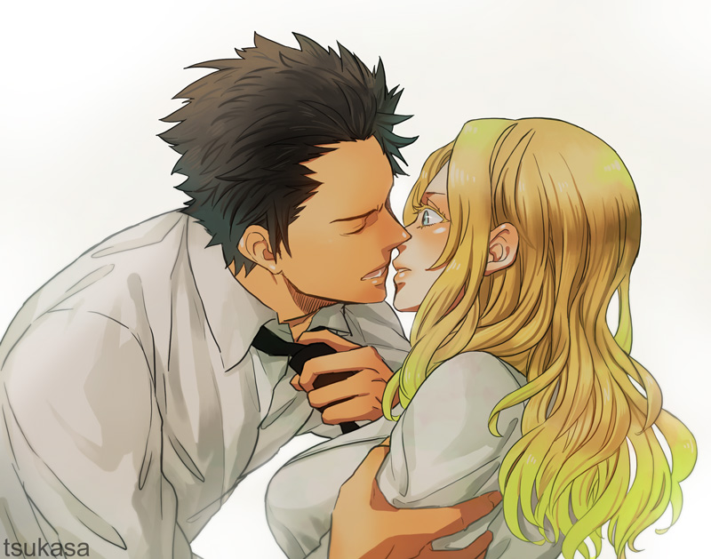 1boy, 1girl, ansatsu_kyoushitsu, aqua_eyes, black_hair, blonde_hair, blush, incipient_kiss