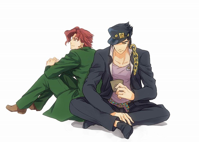 2boys, black_hair, gakuran, hat, jojo_no_kimyou_na_bouken, kuu_(ktukuu), kuujou_joutarou, multiple_boys, redhead, school_uniform, sitting