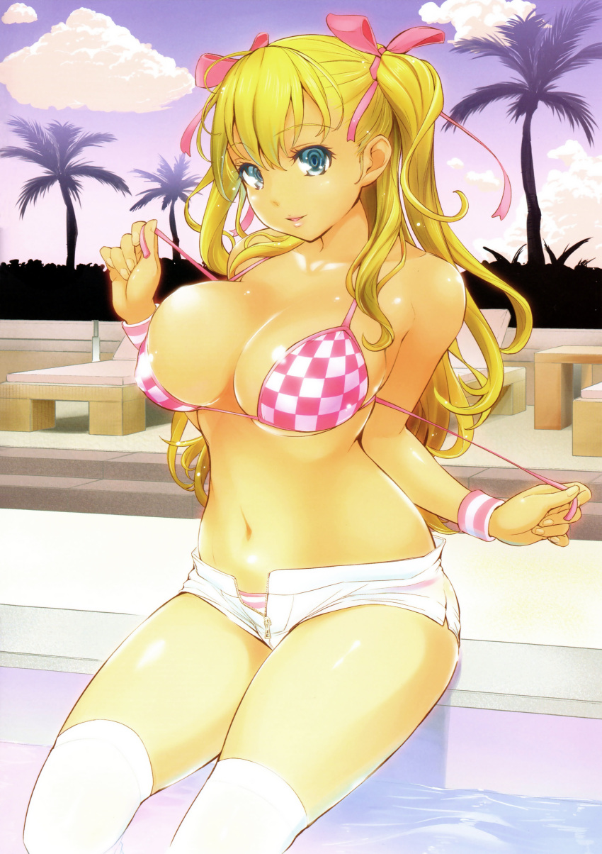 1girl, absurdres, bikini, blonde_hair, blue_eyes, breasts, checkered, checkered_bikini