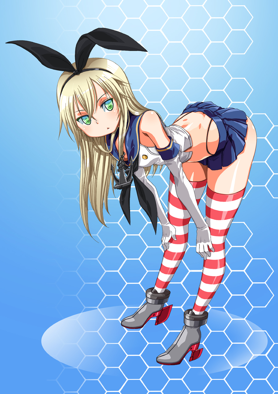 1girl, :<, bare_shoulders, bent_over, blonde_hair, chestnut_mouth, green_eyes, hex_grid