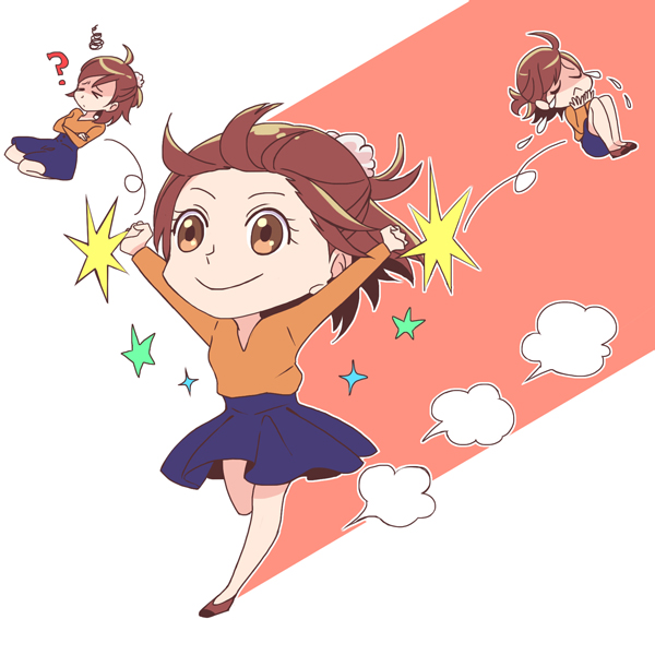 ?, brown_eyes, brown_hair, commentary, higuchi_(trigger), official_art, promotional_art, skirt